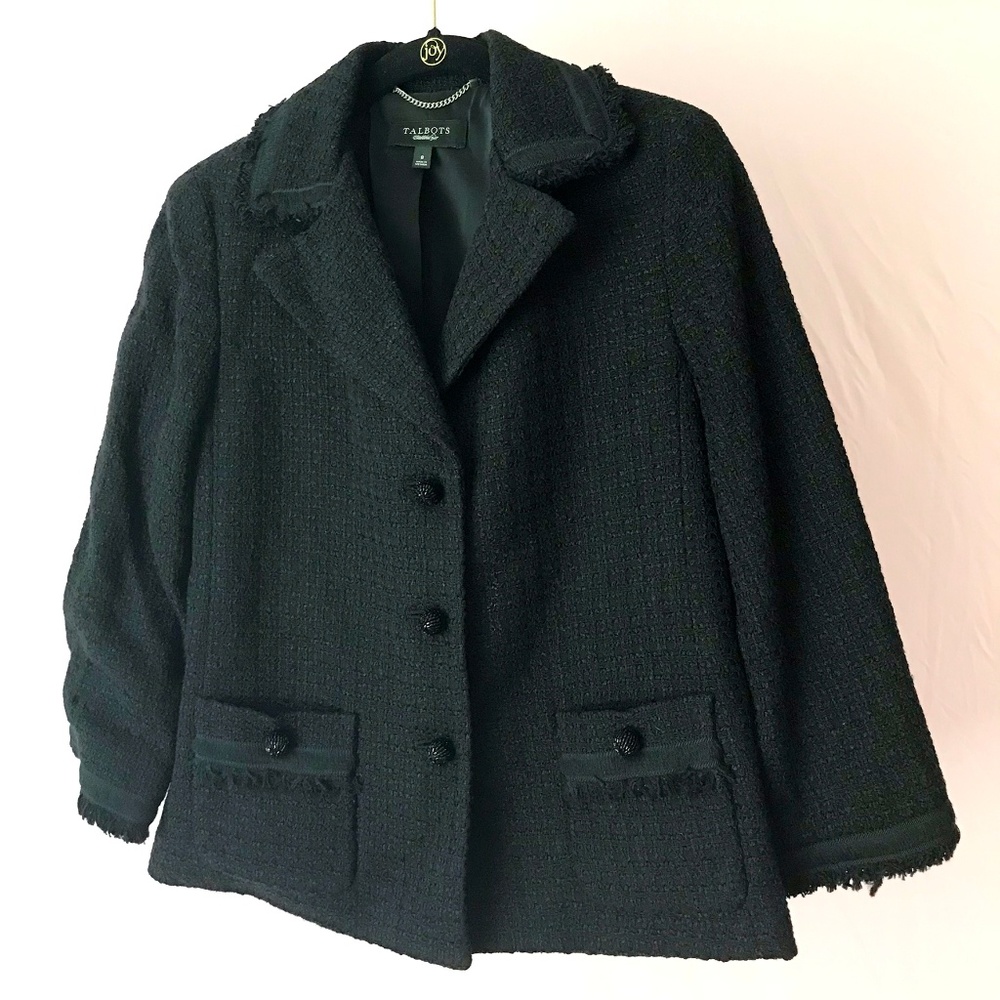 Talbots Nubby blazer fringe trim black jacket Sz 8